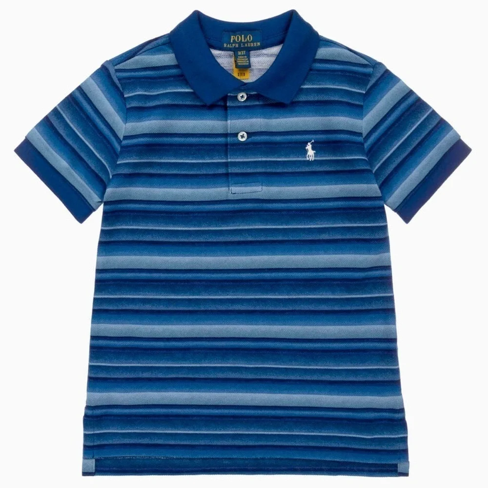 Ralph Lauren POLO Blue Striped Cotton Mesh Polo Short Sleeve, Youth Size 7 EUC